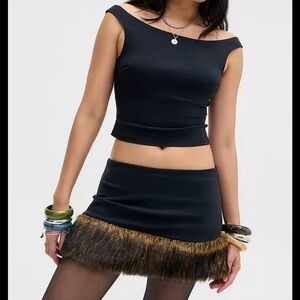 Urban Outfitters Black Mini Skirt with Faux Fur Trim and Black matching top